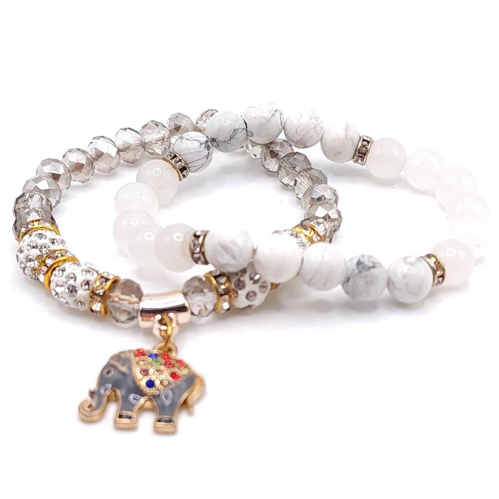 Set of 2 Beaded Stretch Bracelets Elephant Charm Grey Glass White Stone Beads